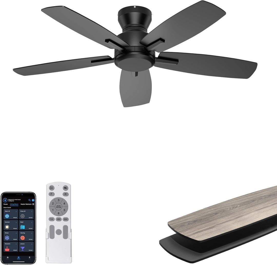 Ohniyou 42 Inch Ceiling Fan No Light, Low Profile Ceiling Fan with Remote and App Control, Flush Mount Ceiling Fan without Light for Bedroom Kitchen Covered Patios, Quiet DC Motor, Black
