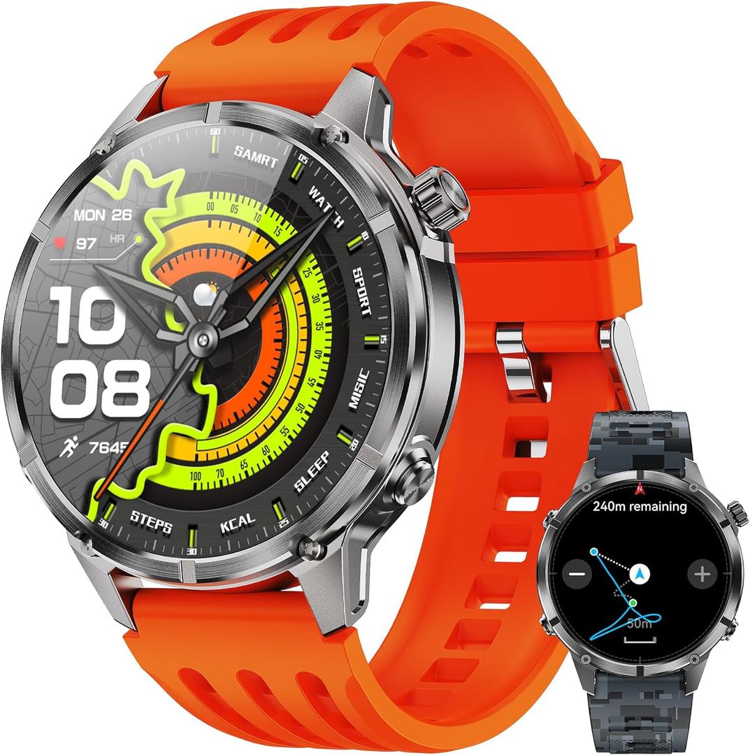 WalkerFit GPS Smart Watch for Men, Multi-Satellite Positioning, Full Metal Body, 520mAh Long Battery Life, 5ATM Waterproof with Bluetooth Call, 1.43 AMOLED Screen, for iPhone/Android, Orange