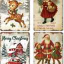 4 Pcs Vintage Christmas Wall Sign Metal Red Truck Little Girl Plaque Sign Decorations Santa Claus Elk Wall Art for Home Coffee Shop Retro Christmas Decor, 8 x 12 Inch