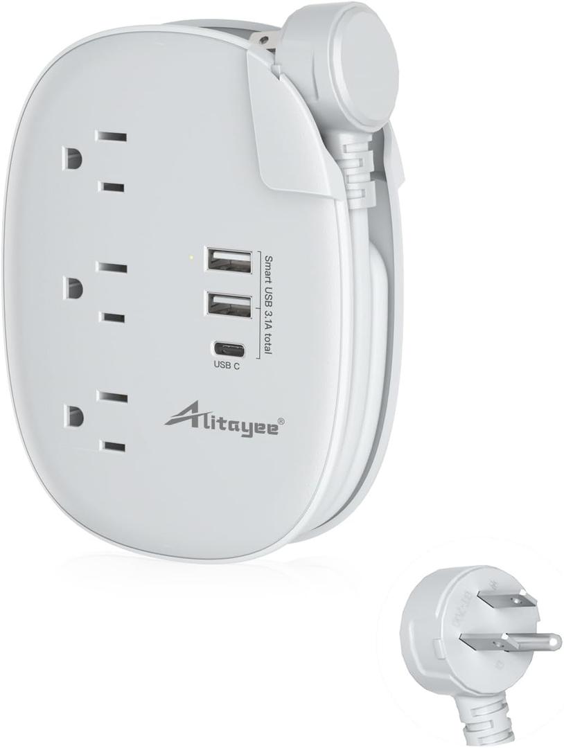 Alitayee USB C Portable Travel Power Strip with 3 Outlets 3 USB Ports Fast Charge, USB Extendable Outlet Extender with Flat Plug and 3ft Wrapped Around Extension Cord for Cruise Travel Home Office (01-Grey)