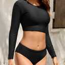 Cromi Long Sleeve Swimsuit for Women Two Piece Rash Guard Bikini Set with Crop Top and Mid Rise Bikini Bottoms (Black, M)