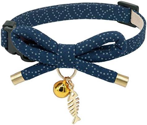 PetSoKoo Cute Bowtie Cat Collar with Bell. Japanese Stylish Bowknot & Fish Charm. Safety Breakaway, Soft, Lightweight, for Girl Boy Male Female Cats Kitten,Navy Blue