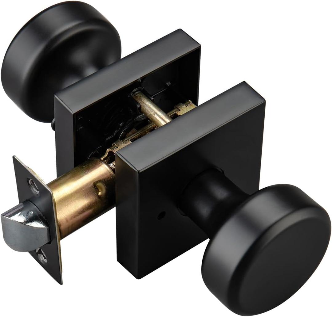 Black Door Knobs with Square Rosette, Interior Door Handles for Bath & Bed, Heavy Duty Door Knob with Lock (1-Privacy)