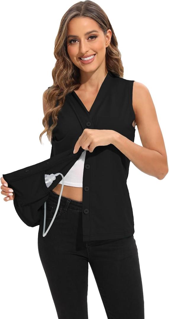 Mastectomy Shirts with Drain Pockets V-Neck Open Front Breast Cancer Shirts for Women Post Mastectomy Must Haves (Black, S)