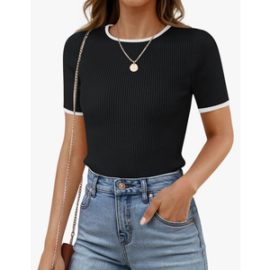 ZESICA Women's Summer Short Sleeve Ribbed Knit Slim Fit T Shirt 2025 Crewneck Basic Casual Color Block Tee Tops, M