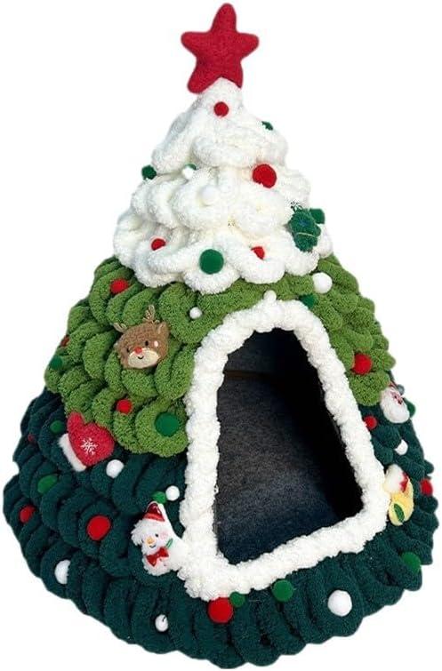 Knitted, Christmas Tree, Pet Bed, Cozy Handcrafted Cat & Small Dog Sleeping Nest, Easy to Knit, DIY (Medium, E)