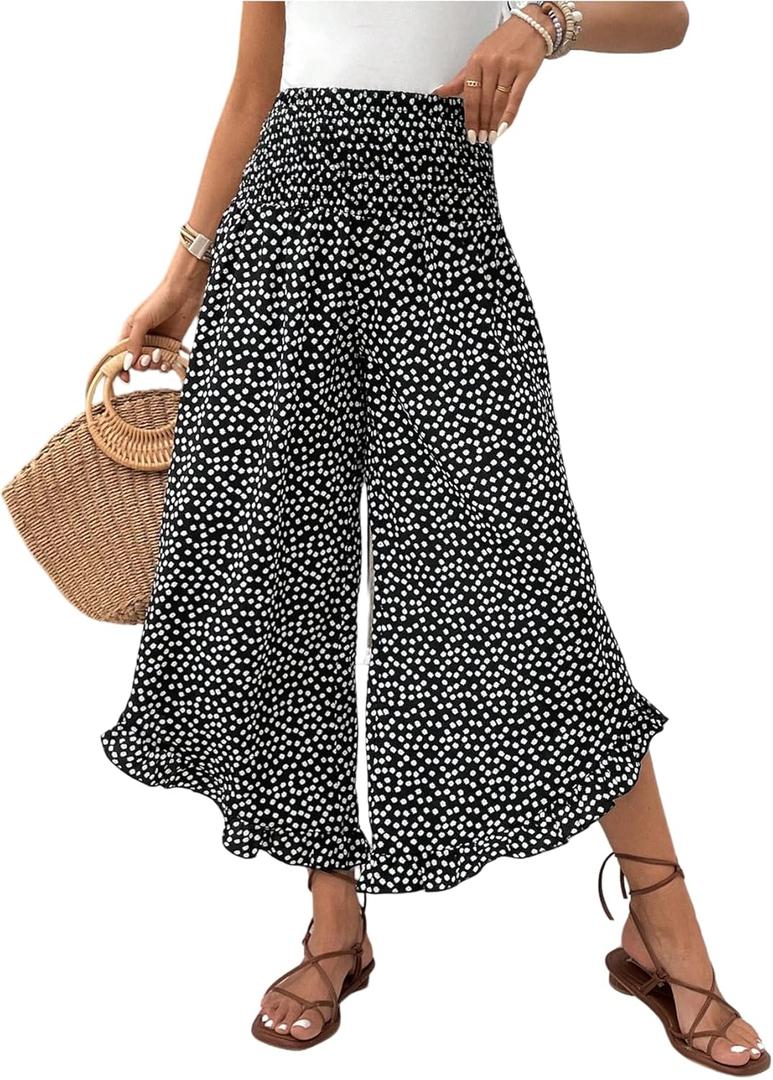 OYOANGLE Women's Polka Dots Flowy Palazzo Pants High Waisted Ruffle Wide Leg Cropped Trousers (Medium, Black)