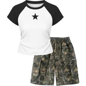 Girls Summer Outfits 2-Piece Clothes Color Block Print Short Sleeve Top and Camo Short Sets Teen Girl Clothes 6-16Y (6-7 Years, Black)