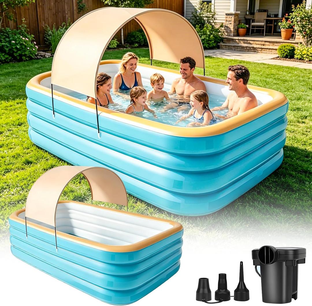 118" Deep Large Inflatable Pool with Removable Pool Canopy & Inflatable Pump, Backyard Family Pool, Outdoor Blow Up Pool for Adults & Kids, Summer Shaded Backyard Pool for Water Party