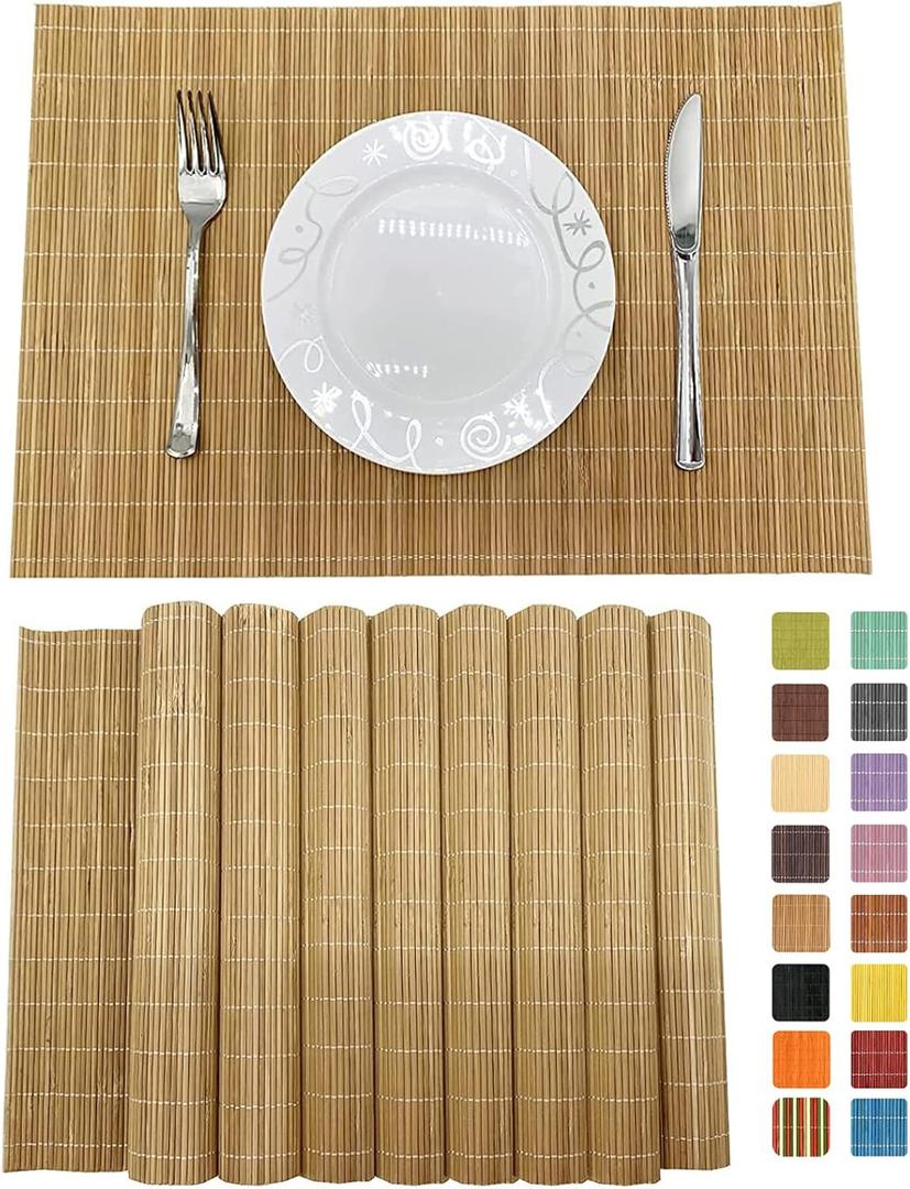 ANDSTAR Set of 8 Pcs Bamboo Placemats Sushi Rolling Mat Japanese Style Natural Anti-Slip, Washable Heat-Resistant Table Mats for Dining Room and KitchenBrown