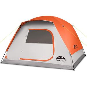Happy Travel Camping Tent, 4/6 Person Dome Tents for Camping with Rainfly, Waterproof Clip Easy Setup Portable Family Tent with Mesh Windows, 20% More Headroom Backpacking Tents for Camping & Hiking (Orange)