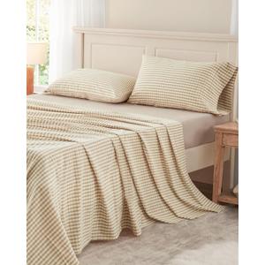 PURE ERA Twin Sheet Set 100% Washed Cotton Gingham Sheets Twin Size Bed Set Linen Feel Soft Breathable Durable,15" Deep Pocket 4Pc Checked Beige Bedsheet