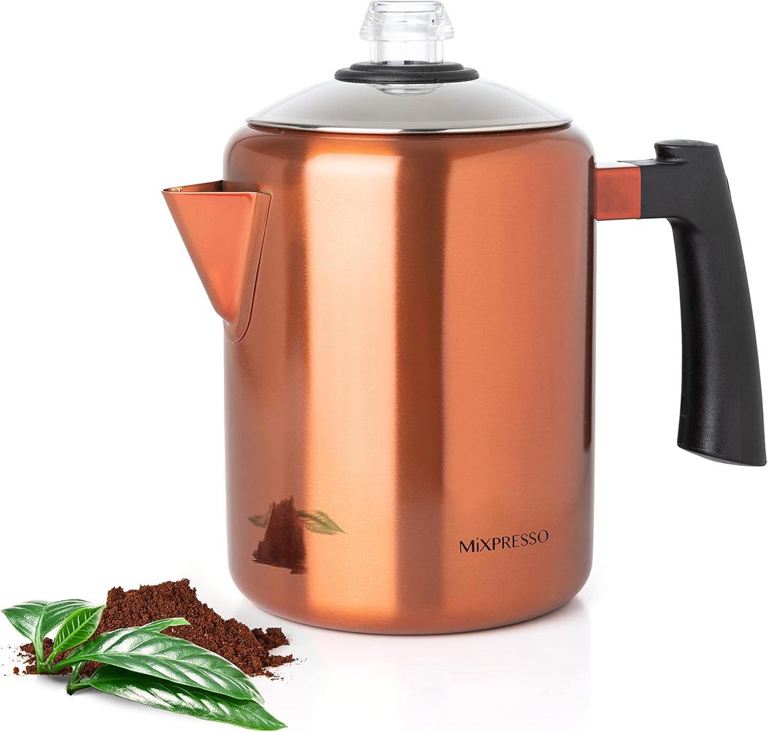Mixpresso Copper Stainless Steel Coffee Percolator Stovetop, 37oz Classic Percolator Coffee Pot, Excellent For Camping Pot, 5-8 Cup Stove Top Coffee Maker, Cool-Touch Handle