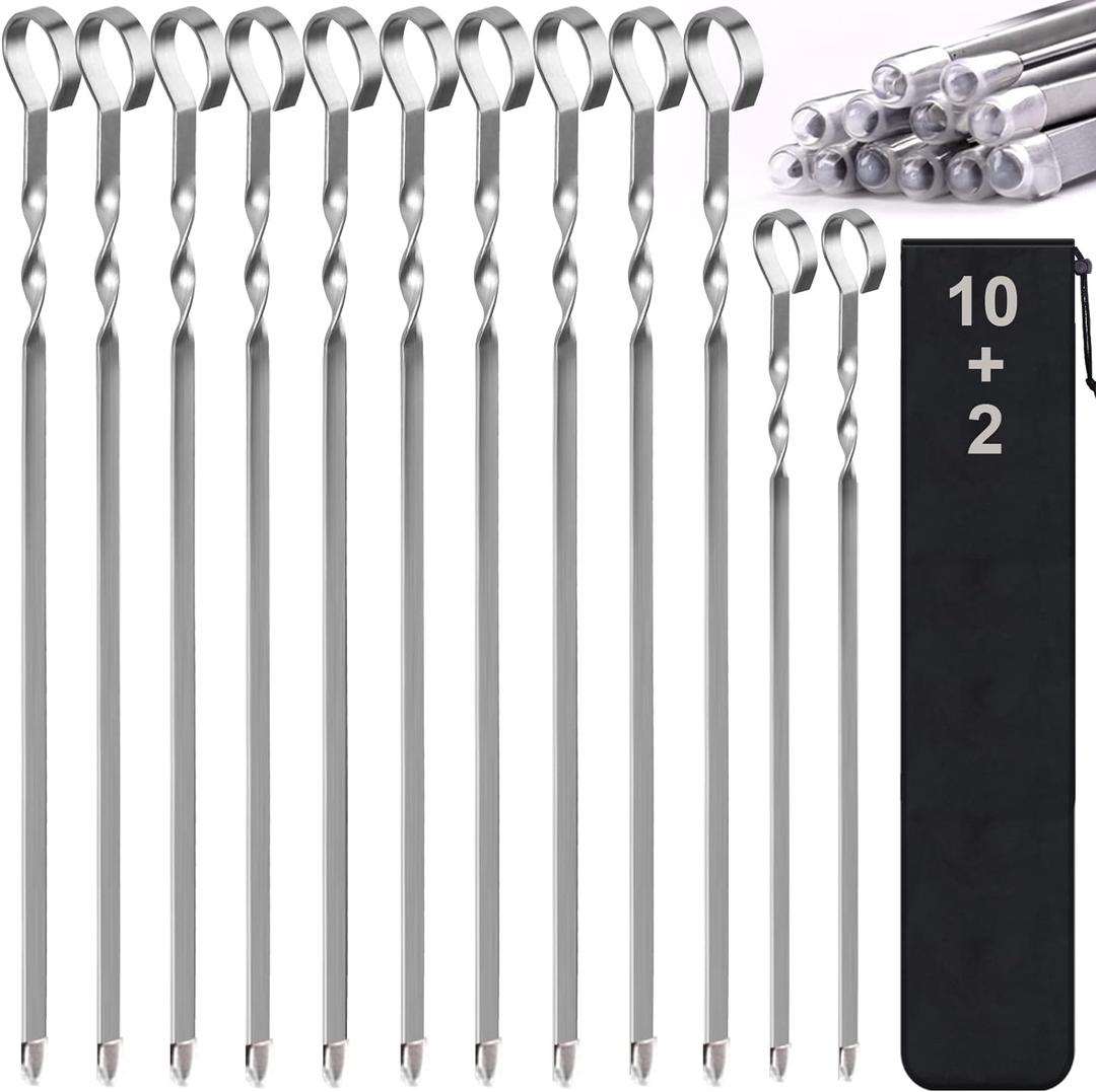 Skewers - 17" Kabob Skewers for Grilling, Metal Sticks for Kabobs Stainless Steel Flat Long Shish Kebab Reusable Grill BBQ Barbecue Sticks for Meat Chicken Vegetable, 12 Pack Bonus 14 Inch