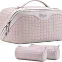 BOYATU Travel Makeup Bag Cosmetic Bags for Women: Large Capacity 3 Pcs Set Make up Bag with Compartments - Waterproof Vegan Leather Toiletry Organizer Bags with Handle (L18 Beige)