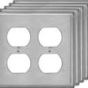 [5 Pack] BESTTEN 2-Gang Duplex Stainless Steel Wall Plate with Protective Film, Standard Size, Corrosion Resistant Metal Outlet Cover, Industrial Grade, Brushed Finish, Silver