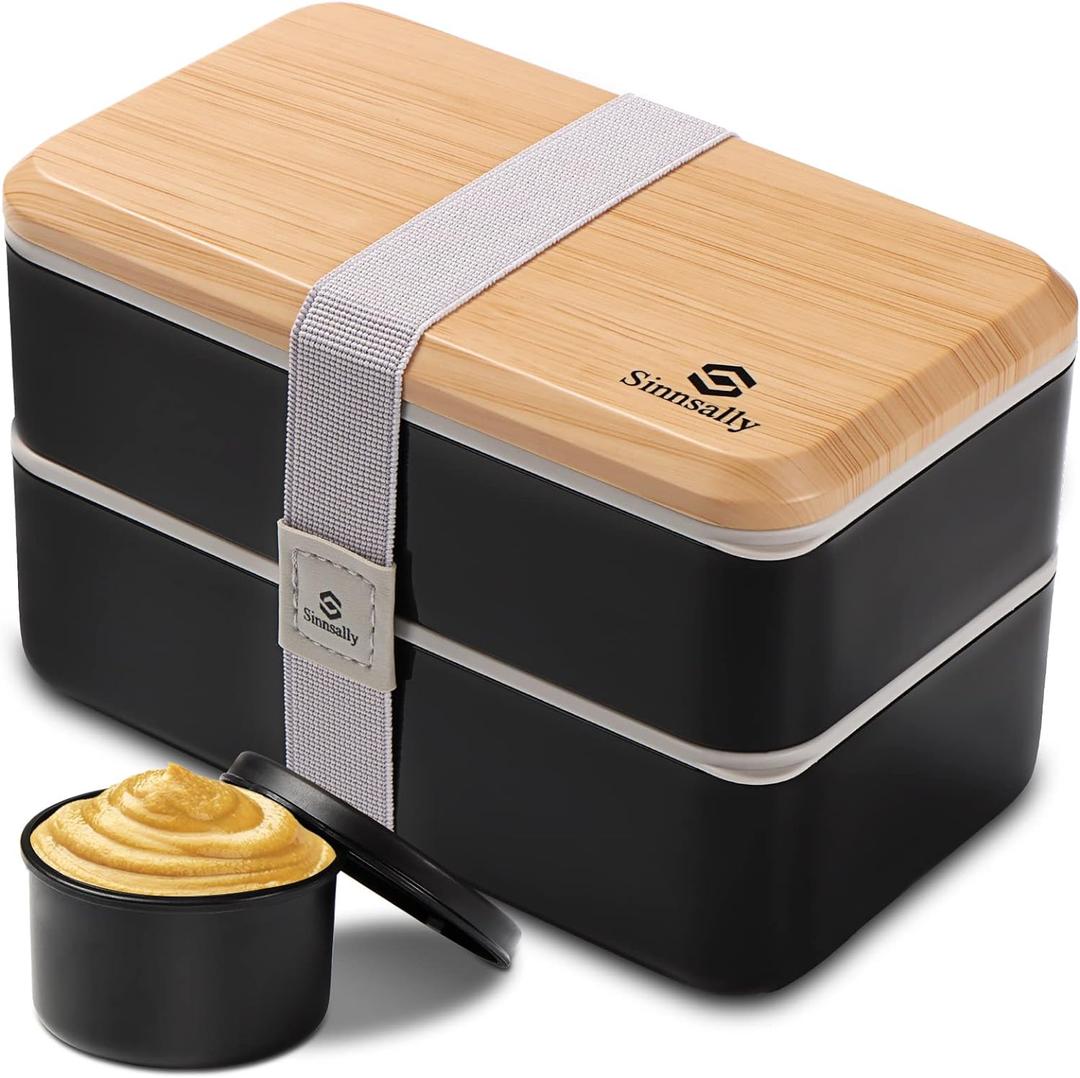 Sinnsally Bento Box Adult Lunch Box with Compartments for Women & Men,(47oz)Stackable Japanese Bento Lunchbox,Rectangle Lunchable Food Container with Utensil Set,Leak-Proof & Microwave/Dishwasher Safe (Black)
