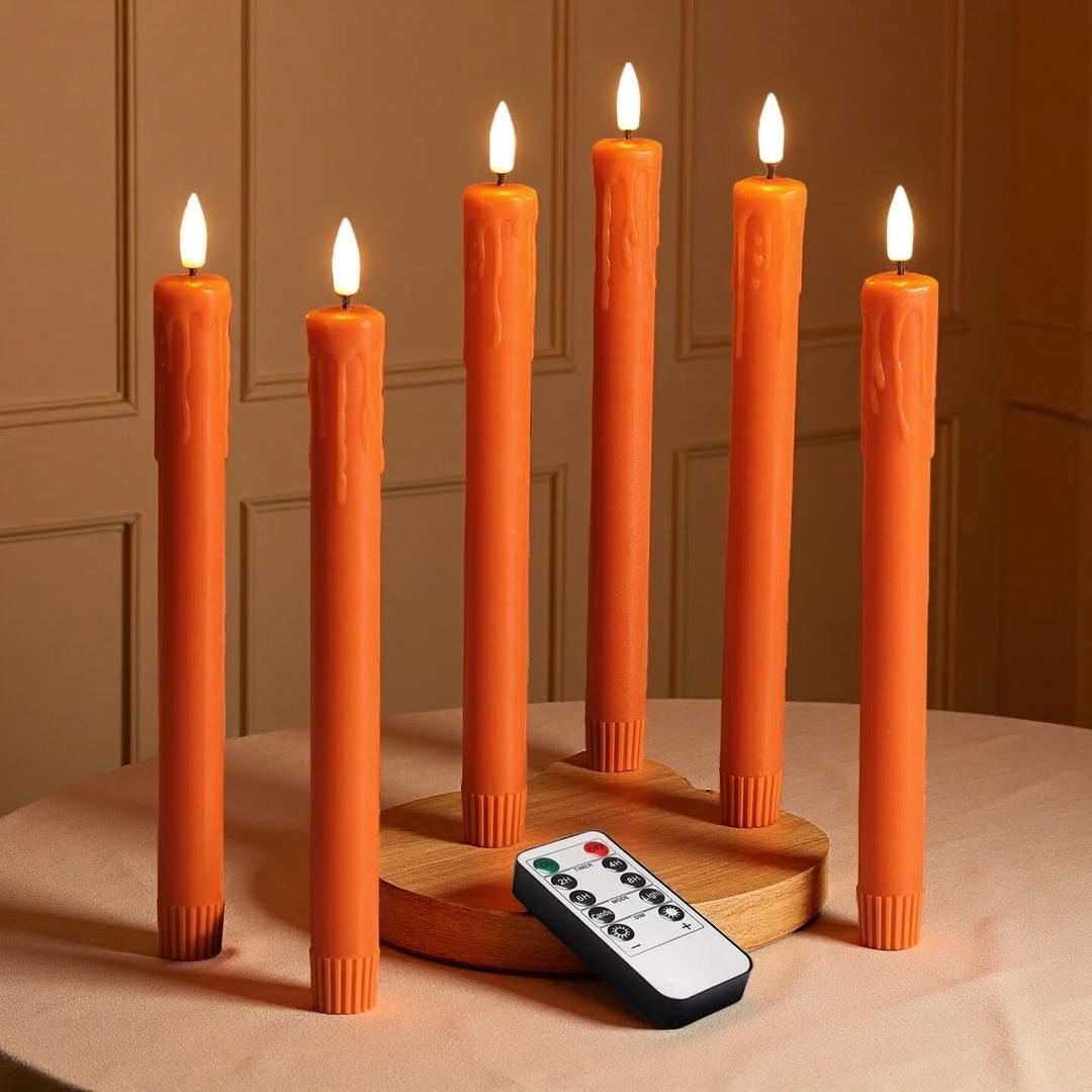 Eywamage Orange Dripping Wax Flameless Taper Candles with Remote, Flickering Thanksgiving Fall LED Candlesticks Battery Operated Set of 6