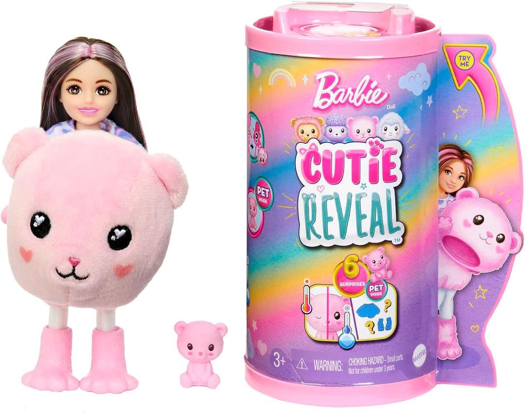 Barbie Chelsea Cutie Reveal Small Doll & Accessories, Brunette with Teddy Bear Costume, 6 Surprises (Styles May Vary) (Pink)