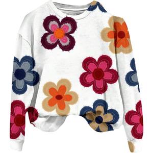 Women's Graphic Crewneck Sweatshirts Floral Long Sleeve Pullover Tops Cute Fall Clothes (White, S)