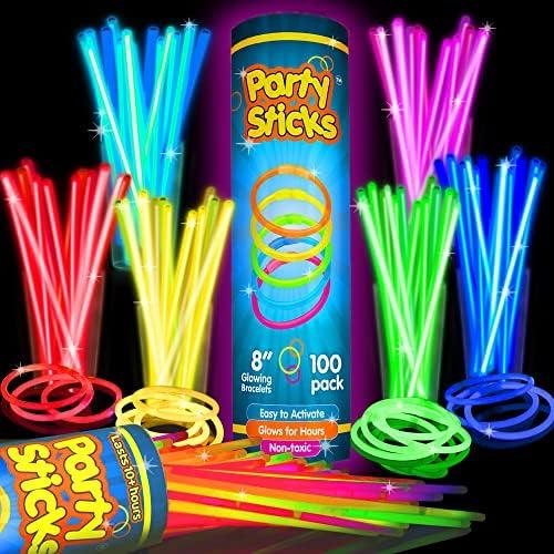 PartySticks Ultra Bright Glow Sticks Bulk Party Supplies 100 Pack - 8" Glow in the Dark Light Up Halloween Party Favors, Glow Decorations, Neon Party Necklaces and Bracelets with Connectors, Pack of 2