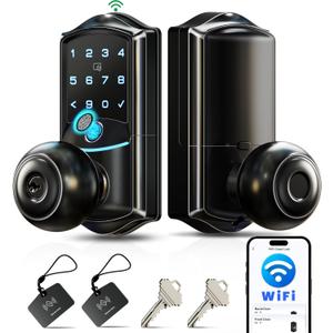 Veise VE028 Built-in Wi-Fi Smart Lock with Knob, Fingerprint Keyless Entry with Handle, App Remote & Voice Control, Electronic Digital Keypad for Front Door and Bedroom, IP65 Waterproof, Matte Black