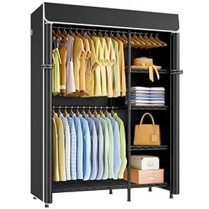 ULIFHOME F2C Clothes Rack with Cover, Clothing Racks for Hanging Clothes, Heavy Duty Garment Rack with Shelves and Hanger Rods, Black Closet with Black Cover, 47.2" W x 16.5" D x 78.3" H, Load 630lbs