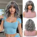 Ombre Gray Short Wigs Human Hair Bob with Bangs for Women - Wavy Curly Heat Resistant Shoulder Length Everyday Stylish Look (Ombre Blonde,16 Inch)