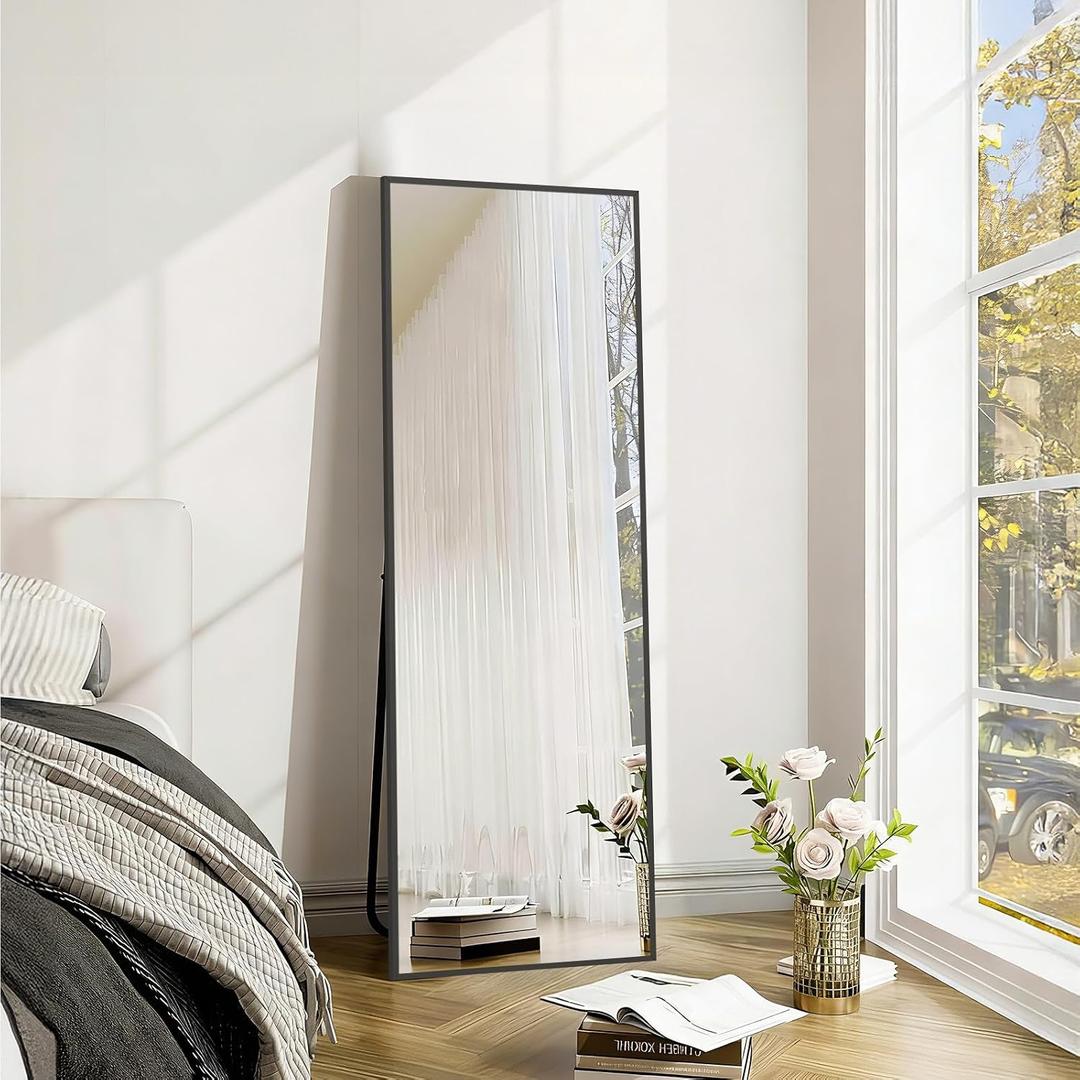 Mirrorons 56"x18" Black Full Length Mirror, Floor Standing or Wall Mounted with Hanging Kit, Shatterproof Tempered Glass Mirror for Living Room, Bedroom, Dressing Room, Gym