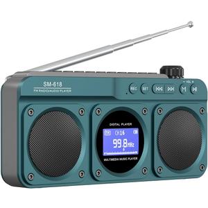 Small Digital FM Radio Bluetooth Speaker, Handheld Rechargeable Radio Wireless Speaker, LCD Display, Double Speakers, Headphone Jack, Support USB/Micro SD Card MP3 Play for Home Outdoor (No AM)