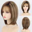 RENERSHOW Brown Short Wigs for White Women 12inch Layered Brown mix Blonde Mid-length Pixie Bob Wig with Bangs Straight Heat Synthetic Natural Daily Party Average Size Wig