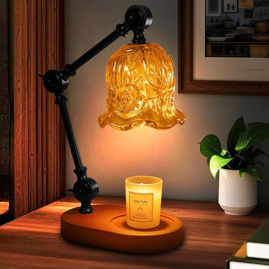 Candle Warmer Lamp, Dimmable Wax Melting Warmer with Adjustable Height, Bedroom Living Room Home Decor, Birthday Relaxation Gifts for Women (Amber, Flower) (Large)