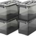 4 Pack 7 Quart Clear Black Storage Bins with Latching Lids, Stackable Plastic Storage Containers for Closet, Pantry & Garage Organization