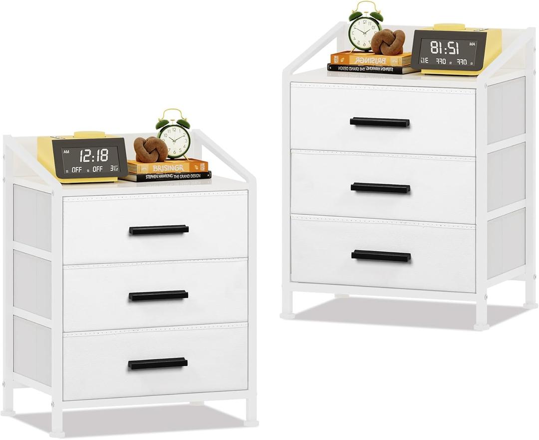 Nightstand 3 Drawer Dresser, 11" D x 15.6" W x 21" H, Set of 2 Side Table with Fabric Drawers, End Table, Small Dresser for Kids Closet, Guest Bedroom (White, Set of 2)