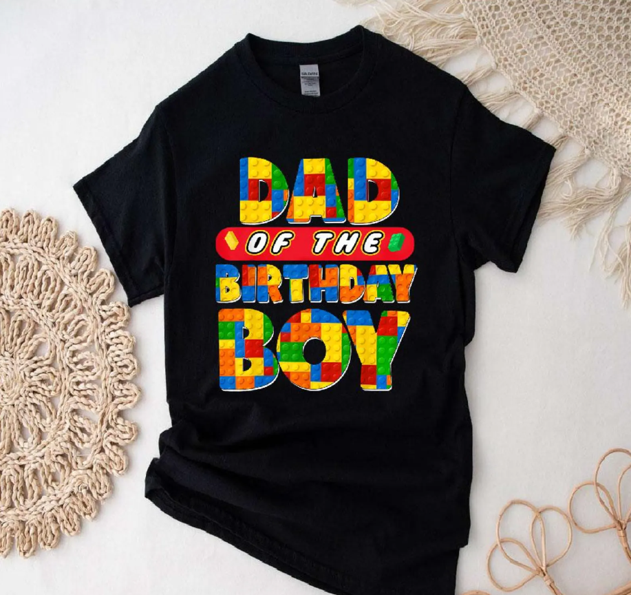 Dad of The Birthday Boy Building Bricks Family Party Decorations T-Shirt M