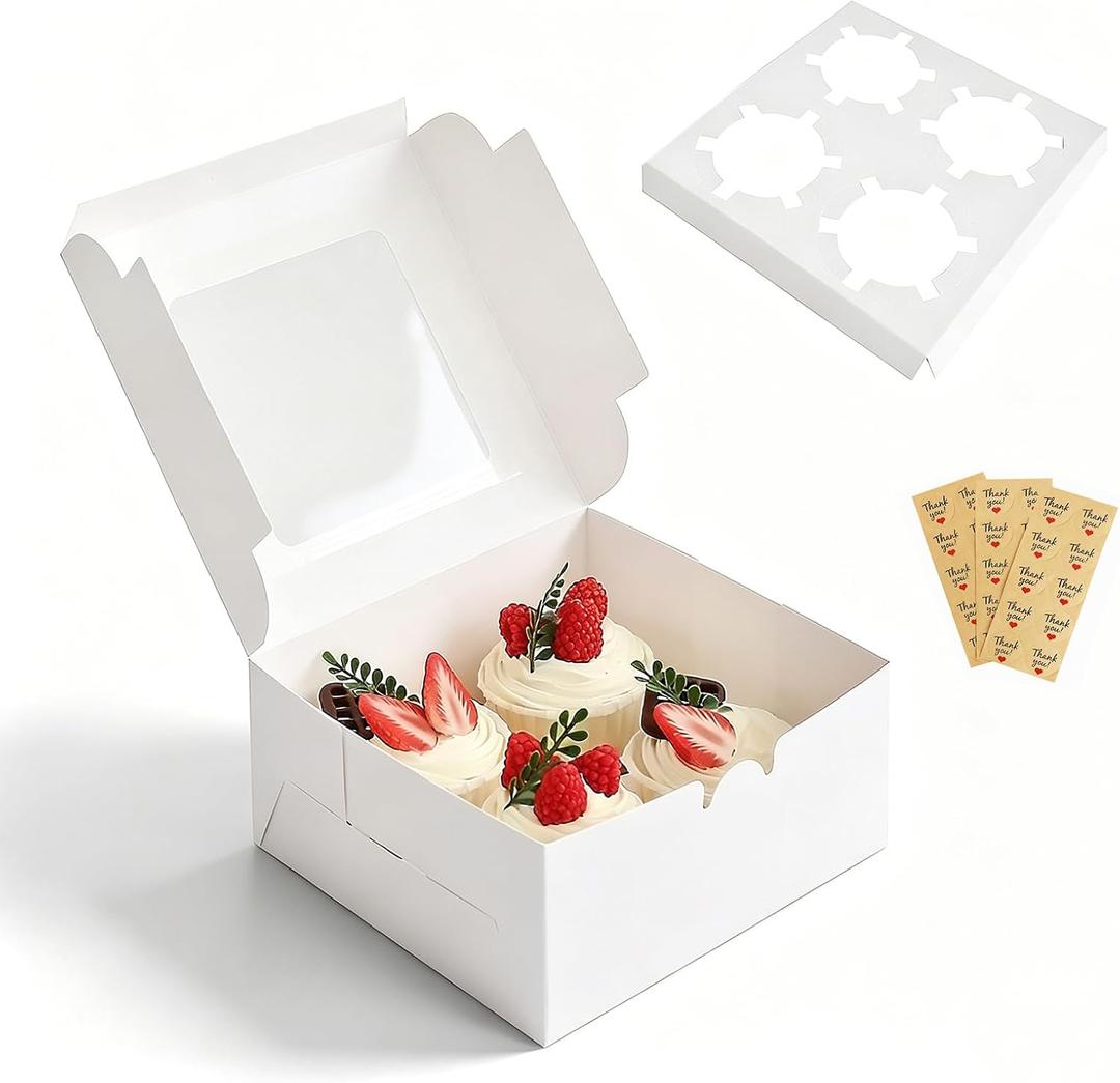 Cupcake Boxes 4 Count with Window, Bakery Boxes, Muffin Containers, Food Grade, Easy Assembly for Candies, Mini Cakes and Baked Goods - 6.3x6.3x3, 30 Pack
