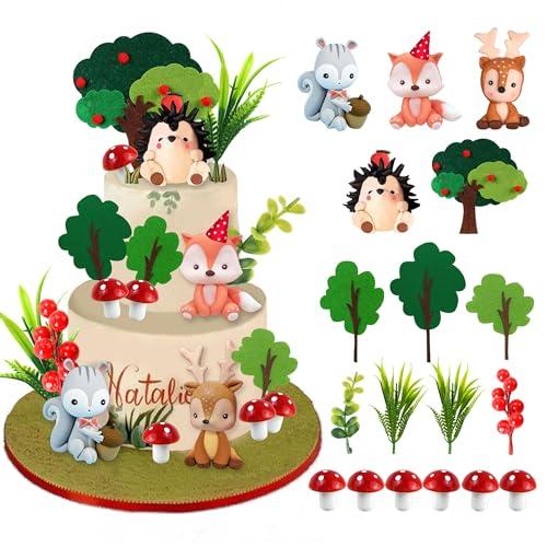 Woodland Animals Cake Topper with Fox Squirrel Hedgehog Sika Deer Mushroom for Woodland Birthday Supplies (Woodland Animals)