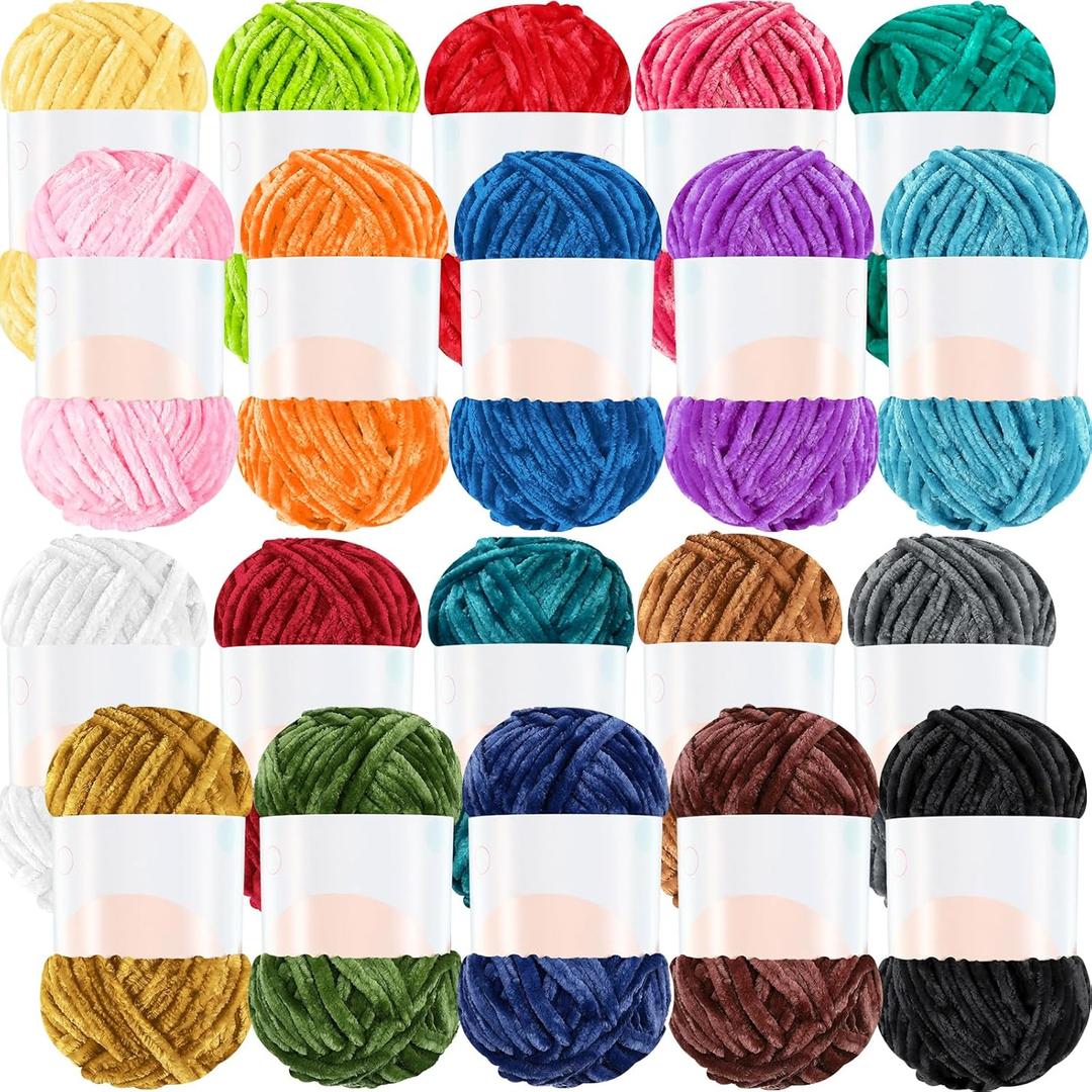 Woanger 20 Skeins Soft Chenille Yarn Velvet Blanket Yarn for Crocheting Hand Knitting Weaving DIY Craft, 93 Yards Each (Novel Color)