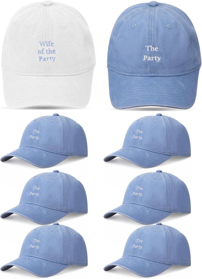 8 Pack Adjustable Bachelorette Hat, 1 Wife of The Party Cap and 7 The Party Cap for Bridesmaid Bride Wedding Gift (White, Blue)