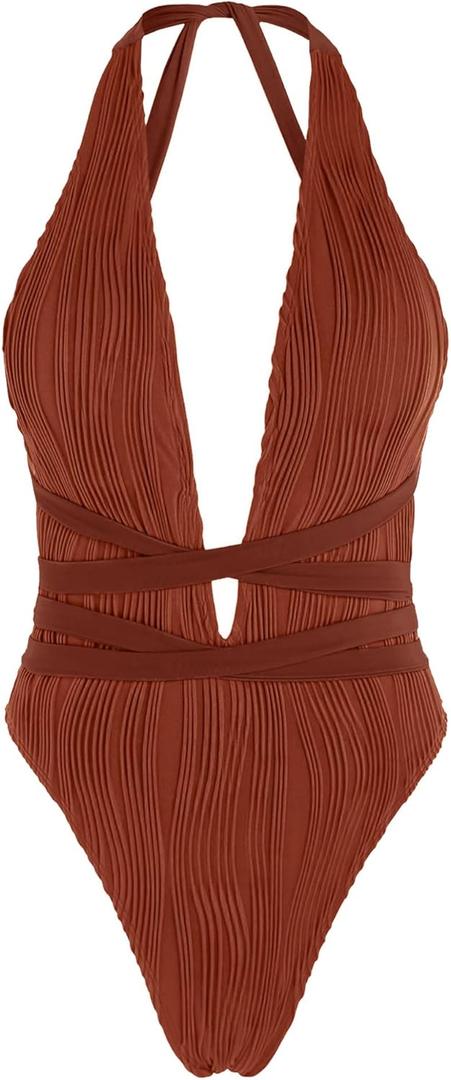 ZAFUL Women Plunging One Piece Swimsuit Backless Cross Tie High Cut Thong One-Piece Bathing Suit (Medium, 3-caramel)