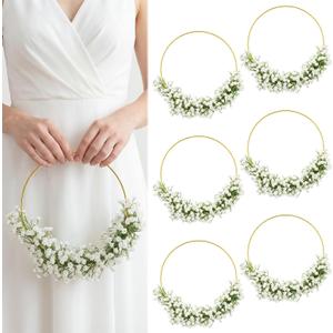 6 Pcs Wedding Floral Hoop Wreath Bridesmaid Bouquet Artificial Babys Breath Flower Wreath for Bridesmaids Wedding Party Decoration(White)