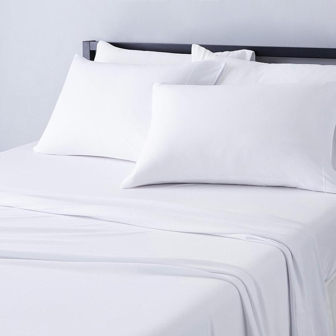 Amazon Basics 4 Piece Bed Sheet Set, 100% Cotton Jersey, Includes Super Soft, Flat and Fitted Sheets, Pillowcase, Full, White, Solid