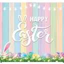 Colorful Wooden Happy Easter Backdrop Colorful Eggs Rabbit Green Grass Easter Party Decoration(240x180cm)