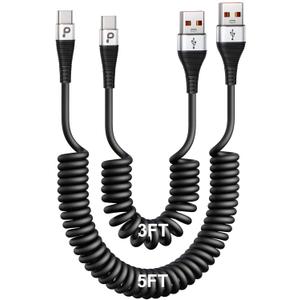 USB Type C Coiled Cable Fast Charging (3FT/5FT), 2Pack Android Auto Charging Cord for Car, Short USB A to USB C Charge Cable Compatible with iPhone 17/16/15/Pro Max/Samsung Galaxy S20 Note 10 and More (Silver)