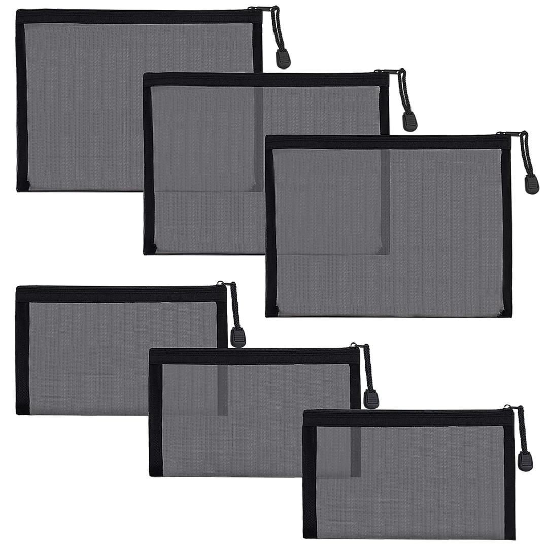 6 Pack Mesh Cosmetic Bags, Nylon Makeup Pouches with Zipper for Home Office Purse Diaper Bag (Black)