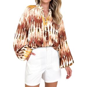 MASCOMODA Womens Boho Floral Print Fall Tops Dressy Casual V Neck Button Down Lantern Long Sleeve Shirts Chiffon Work Blouse (Medium)