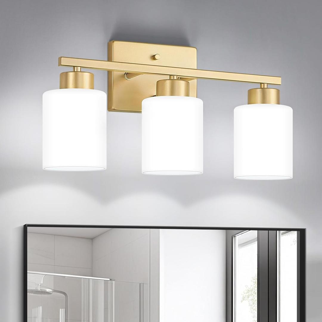 Gold Bathroom Light Fixtures, 3-Light Modern Vanity Light Over Mirror, Wall Sconces with Milky White Frosted Glass Shades, E26 Socket (Bulbs Not Included)