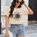 Binshre Womens Short Sleeve Crops Tops Summer Graphic Tees Crew Neck Cropped T Shirts Casual Loose Fit Blouse (X-Large, Beige-sunflower)