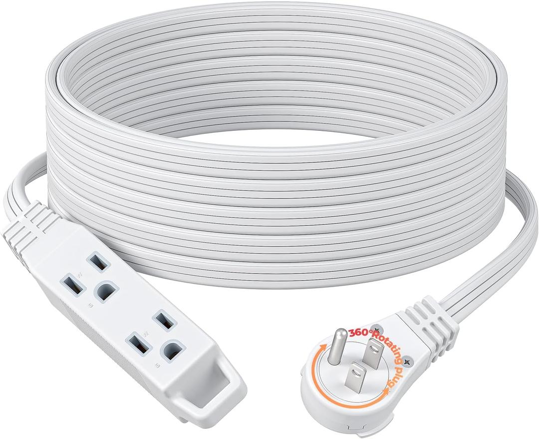 DEWENWILS 25FT Flat Plug Extension Cord, 3 Prong Ultra Thin Power Strip, 360 Rotating Plug, 13A/125V/1625W, 16 Awg Grounded Flat Power Cable for Indoor Narrow Space, SPT-3, ETL Listed, White