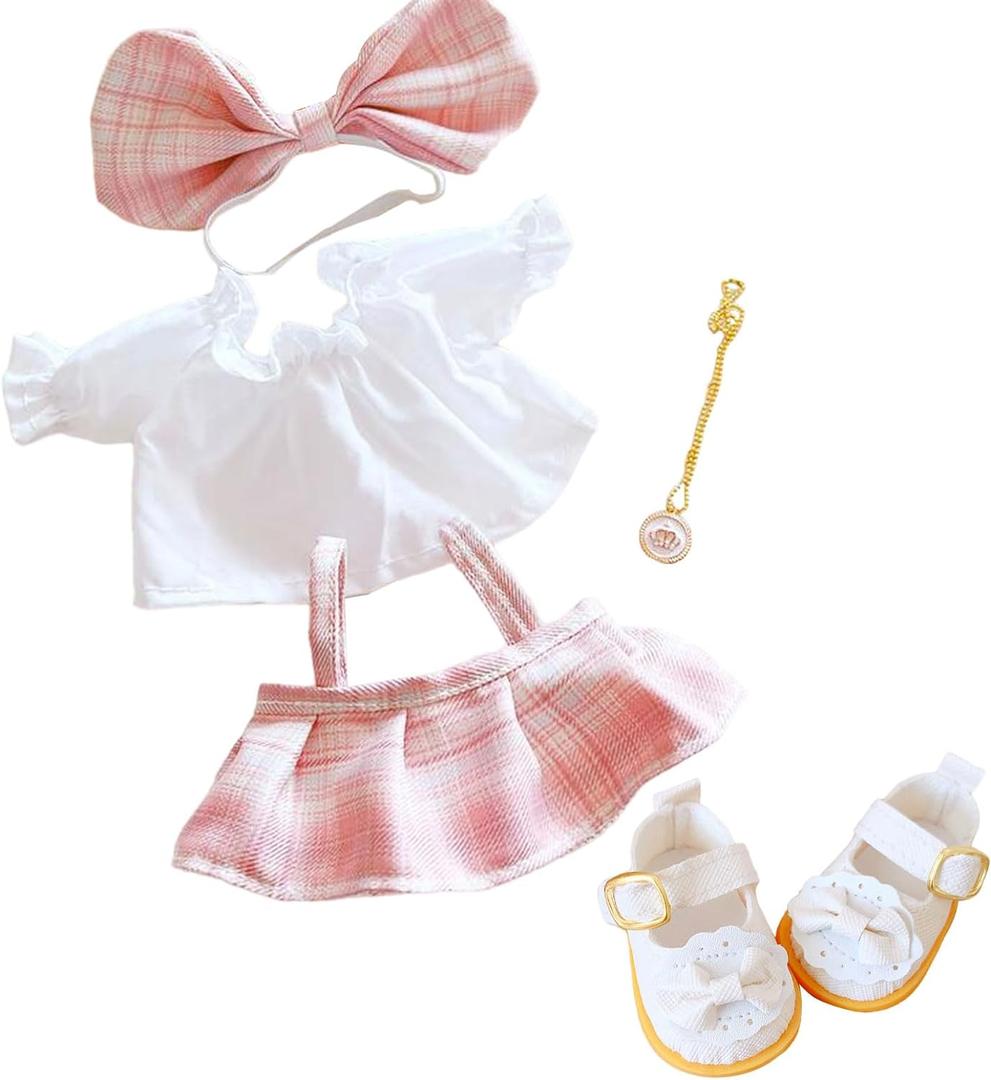 CALEMBOU Plush Doll Clothes Set, Cute JK Uniform Set, Doll Dress Shirt Bow Necklace Shoes 5Pcs Outfits for 20cm/8 inch Soft Dolls Stuffed Animals (Pink Clothes set-20cm/8)